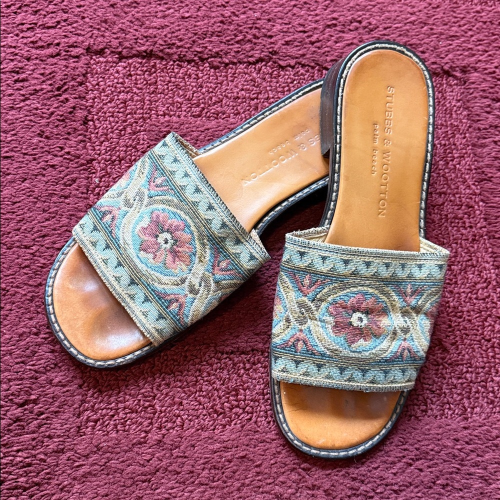 Stubbs & Wootton Tan Tapestry Slide Sandal